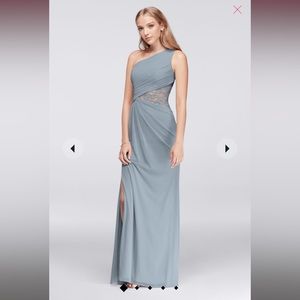 David’s Bridal One-Shoulder Mesh Dress with Lace Inset